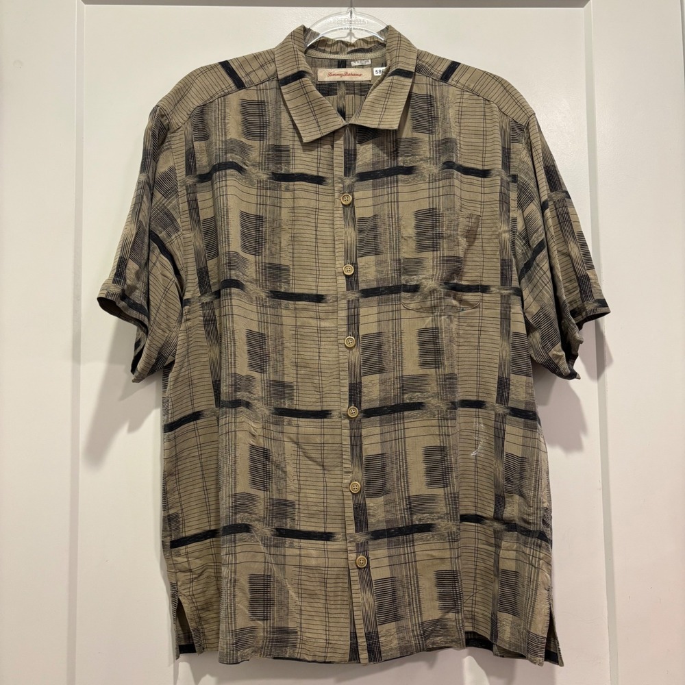 Tommy Bahama Mens Large Silk Short Sleeve Button Down Shirt Khaki Plaid Camp